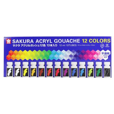 Acrilico Gouache en tubo 12ml, set 12 colores1