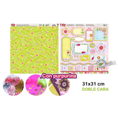Papel De Scrapbooking Doble Cara Jardin/Sticker  Y Glitter  1