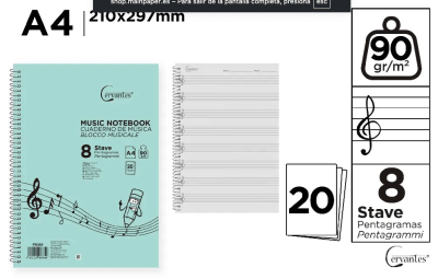 CUADERNO DE MÚSICA Cervantes 8 PENTAGRAMAS A4 CERV1