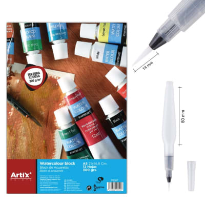 Set Croquera Acuarela 14 x 21 X 12 hjs/ 300 Gr + Pincel C/Deposito P/Agua Medio (MP)1