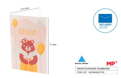 Tarjeta Felicitación / Cumpleaño Oso 11.5 X 17 Cm1