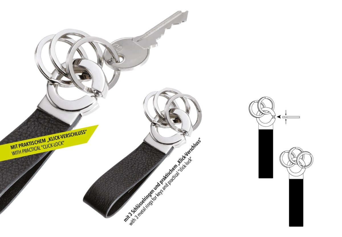 Llavero Troika con cierre práctico clic, lazo de cuero, 3 anillos para llaves3