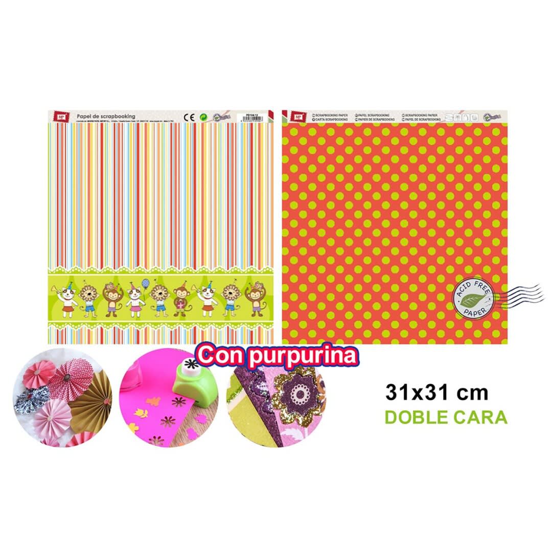 Papel De Scrapbooking Doble Cara Puntos/Animalitos/Glitter  1