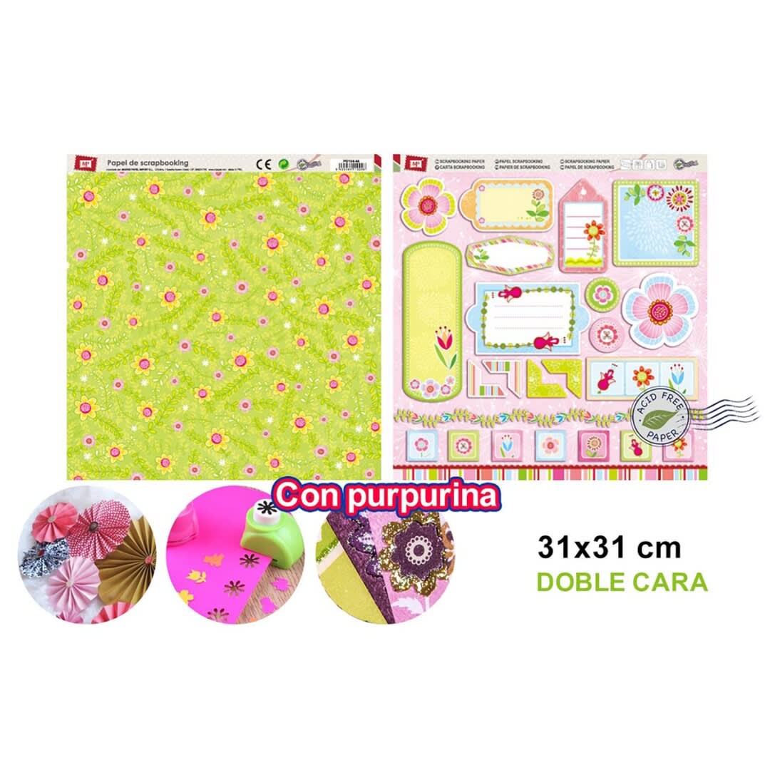 Papel De Scrapbooking Doble Cara Jardin/Sticker  Y Glitter  1