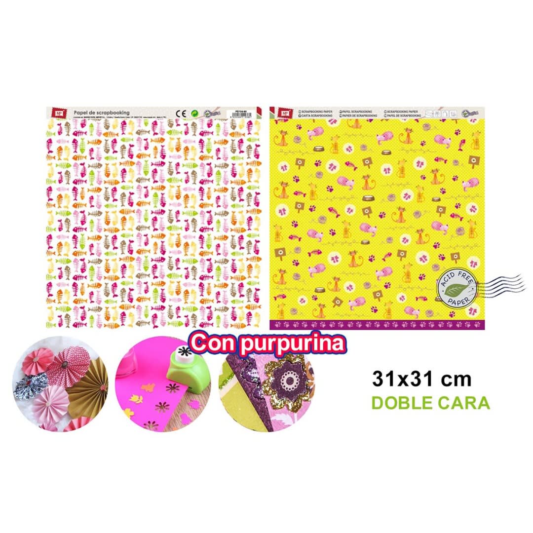 Papel De Scrapbooking Doble Cara Gatos/Peces + Glitter 1