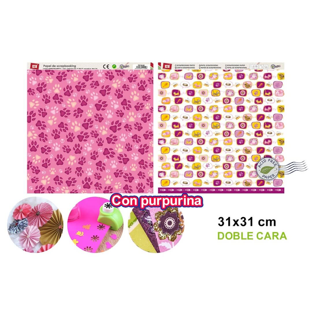 Papel De Scrapbooking Doble Cara Gatos/Huellas+ Glitter d1