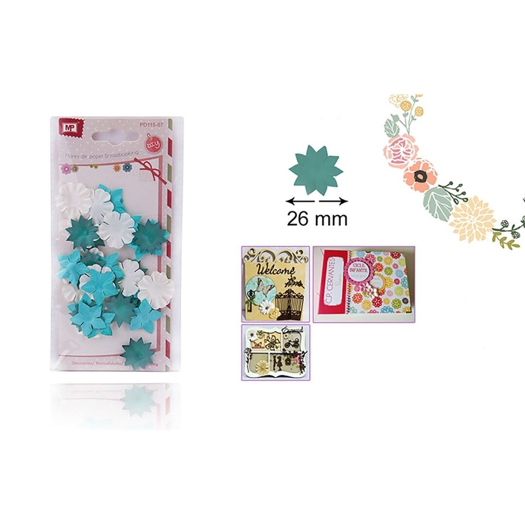 Blister De Flores De Papel 2cm X 38Uds Color Celeste/Blanco1