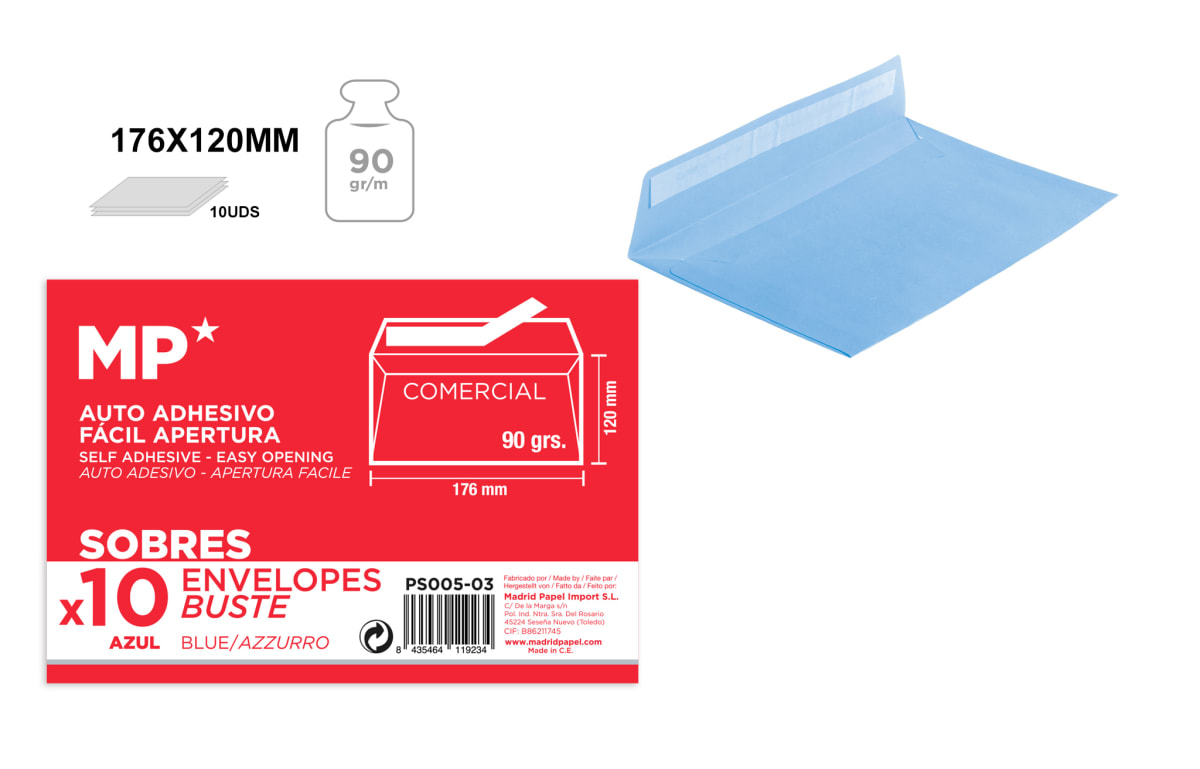 Sobre 120mmx176mm Marca Madrid Papel Color Azul (MP)1