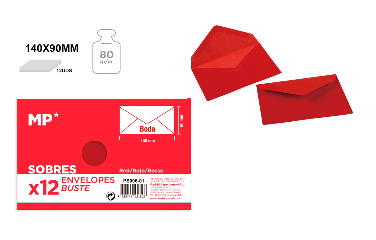 Sobre Para Boda 140mmX90mm /80Gr  Marca Madrid Papel Color Rojo (MP)1