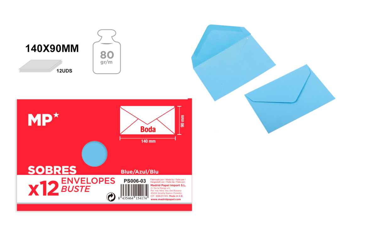 Sobre Para Boda 140mmX90mm /80Gr Marca Madrid Papel Color Azul (MP)1