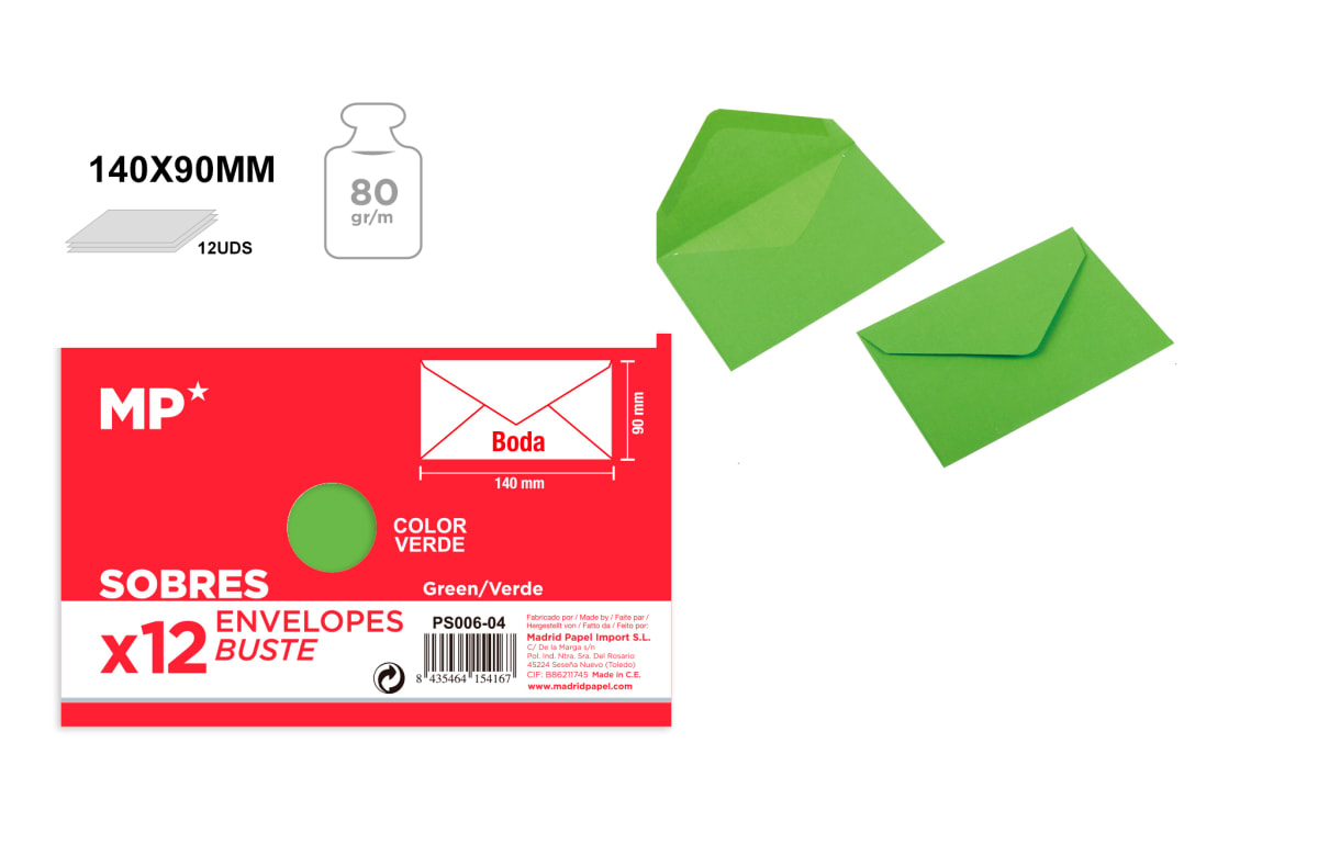 Sobre Para Boda 140mmX90mm /80Gr Marca Madrid Papel Color Verde(MP)1
