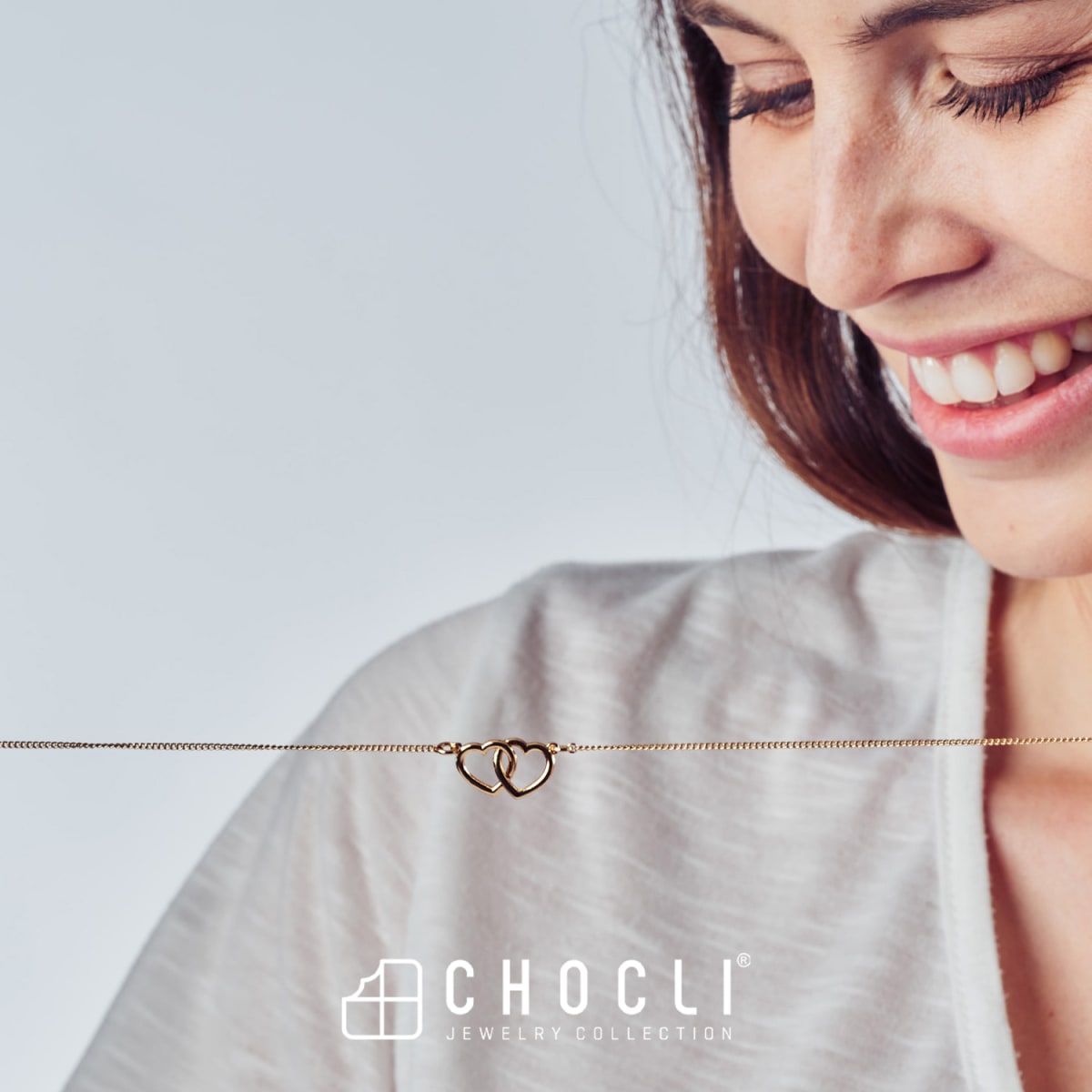 CHOCLI Collar con Baño18k Corazones Dobles 14