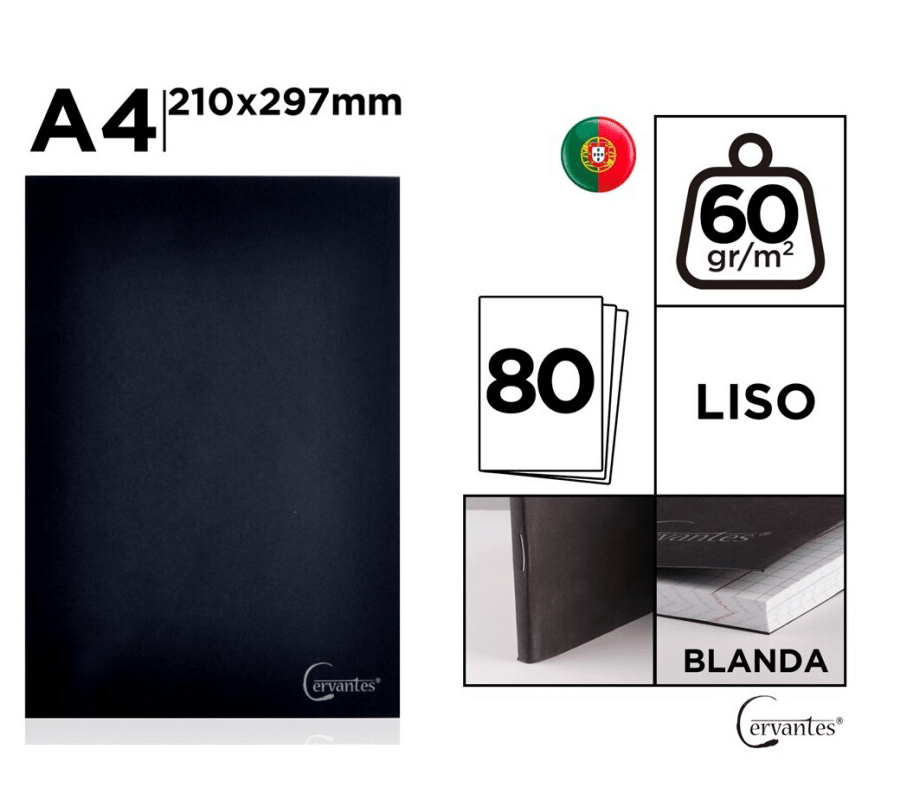 Cuaderno De Hojas Blancas Tapa Blanda X 80 Hjs /60Gr A4 Marca Cervantes Color Negro (MP)1