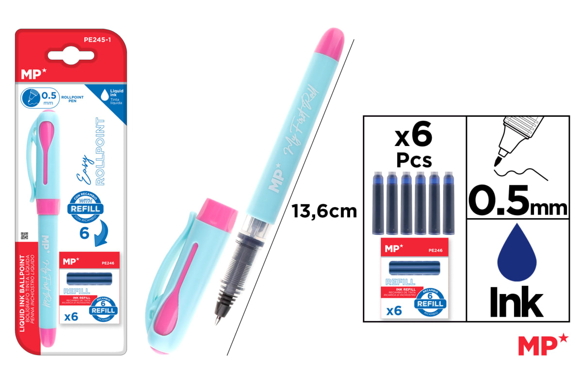 Bolígrafo Tinta Liquida Punta Ball Azul + 6 Repuestos Rosa1