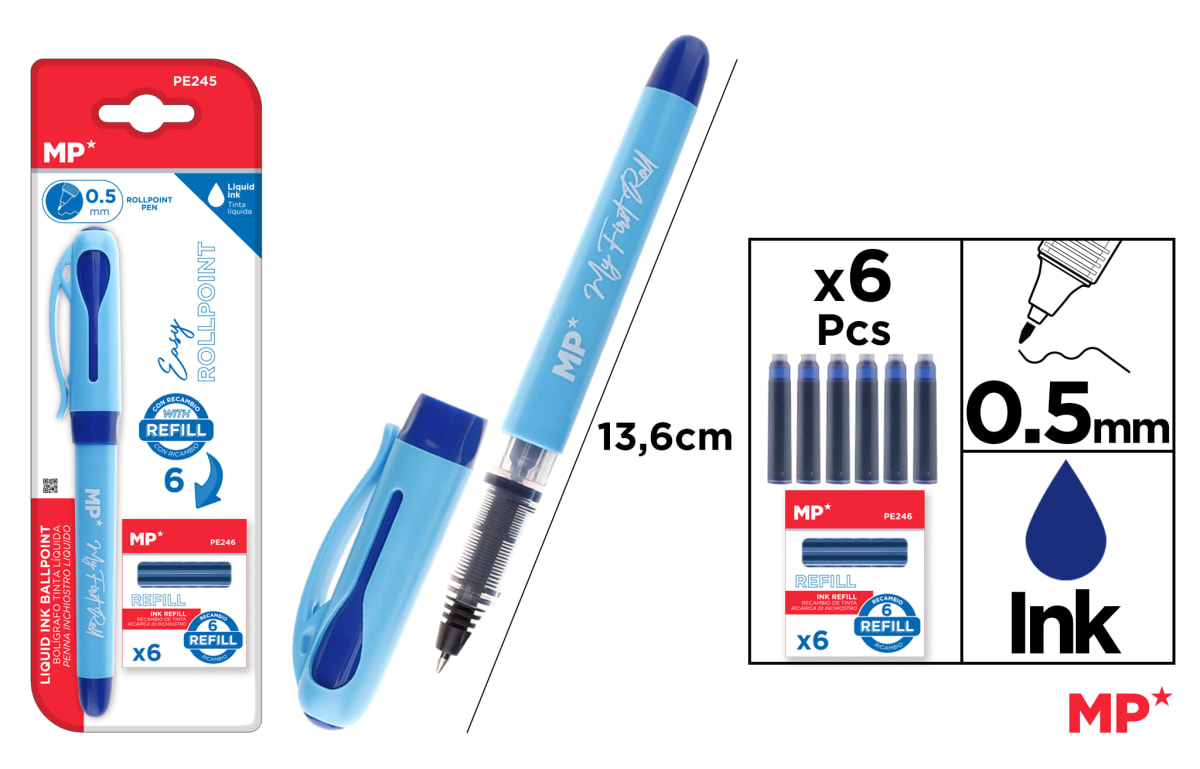 Bolígrafo Tinta Liquida Punta Ball Azul + 6 Repuestos Azul1