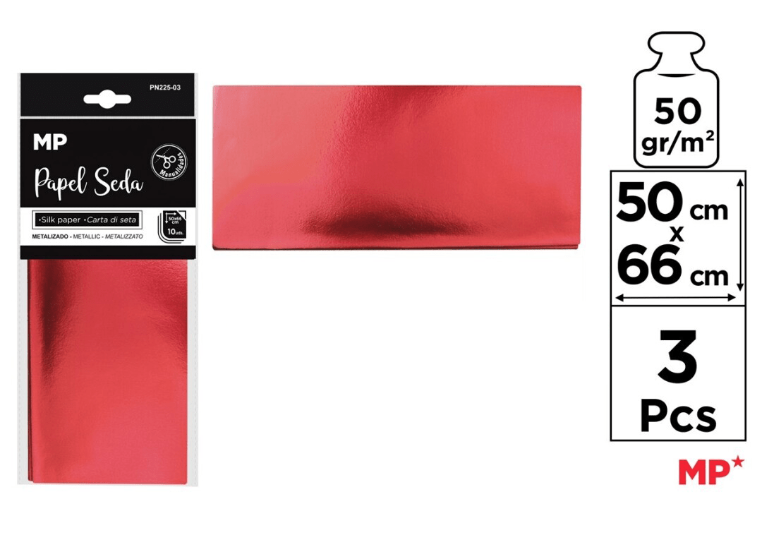 Pliego De Papel Seda 50cmX66cm X 3Uds Marca MP Crafts Color Rojo Metalizado (MP)1
