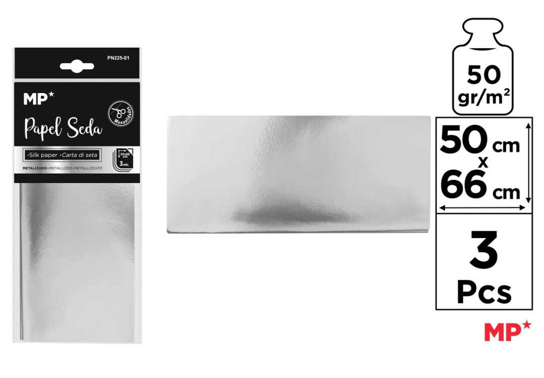 Pliego De Papel Seda 50cmX66cm X 3Uds Marca Madrid Papel Color Plata (MP)1