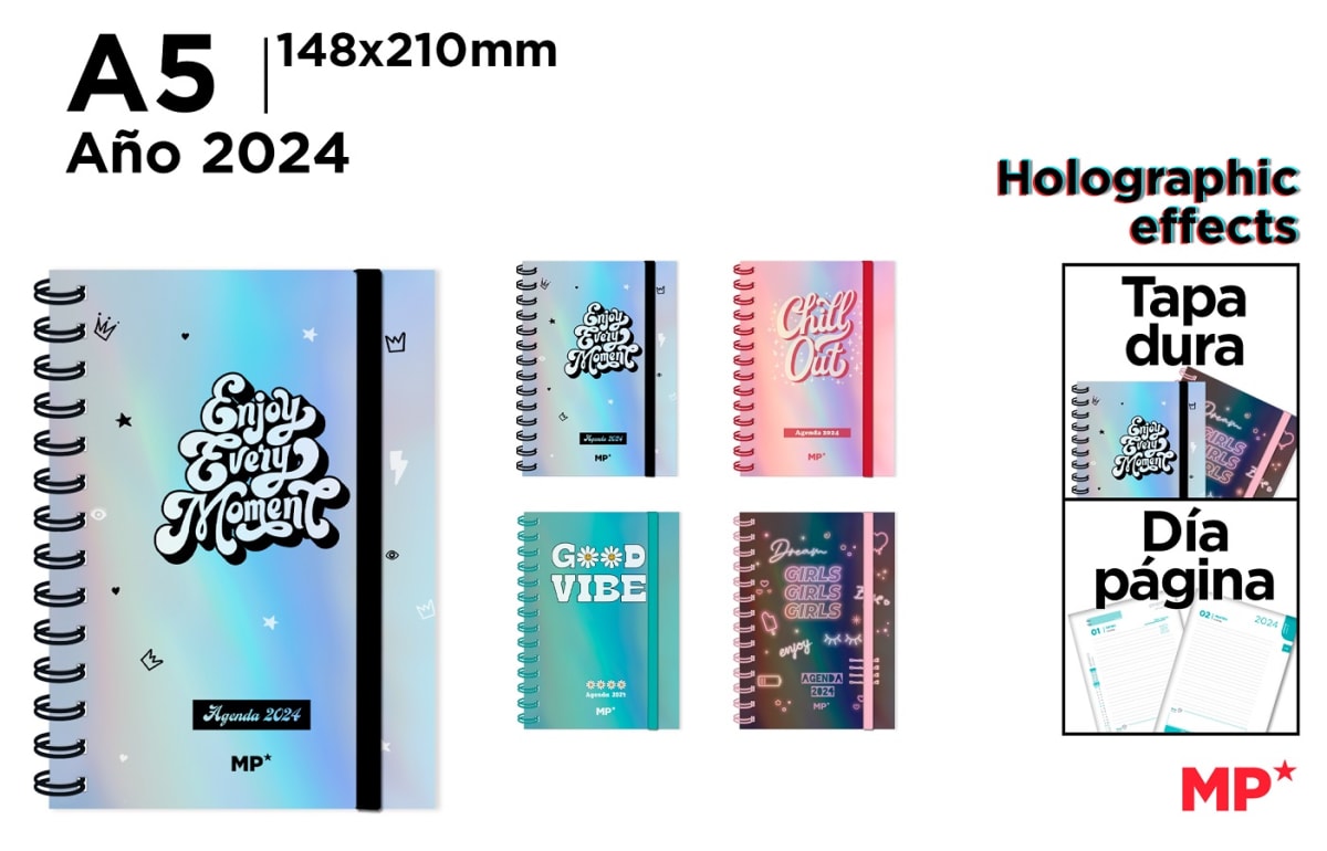 Agenda 2024 Tapa Dura con elástico Día Pag. Efectos Holográficos 140X210Mm1