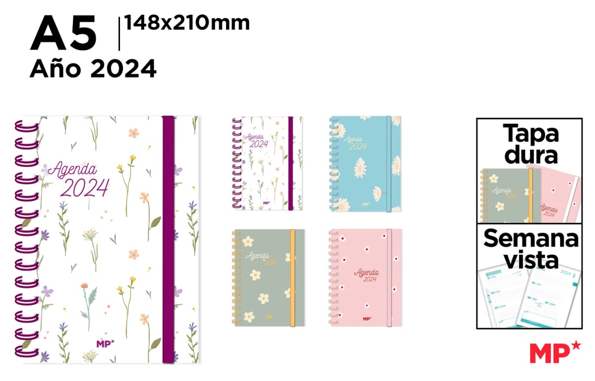 Agenda 2024 Tapa Dura con elástico Sem.Vista Flores 140X210Mm1