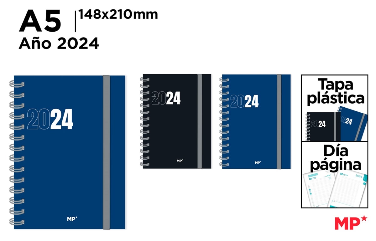 Agenda 2024 Tapa Pp con elástico Día Pag. Azul y Negro  140X210Mm2