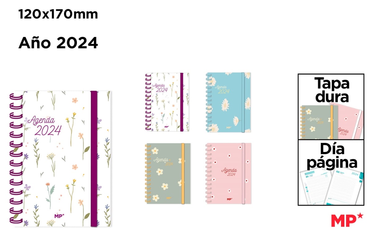 Agenda 2024 Tapa Dura con elástico Día Pag. Flores  120X170Mm1