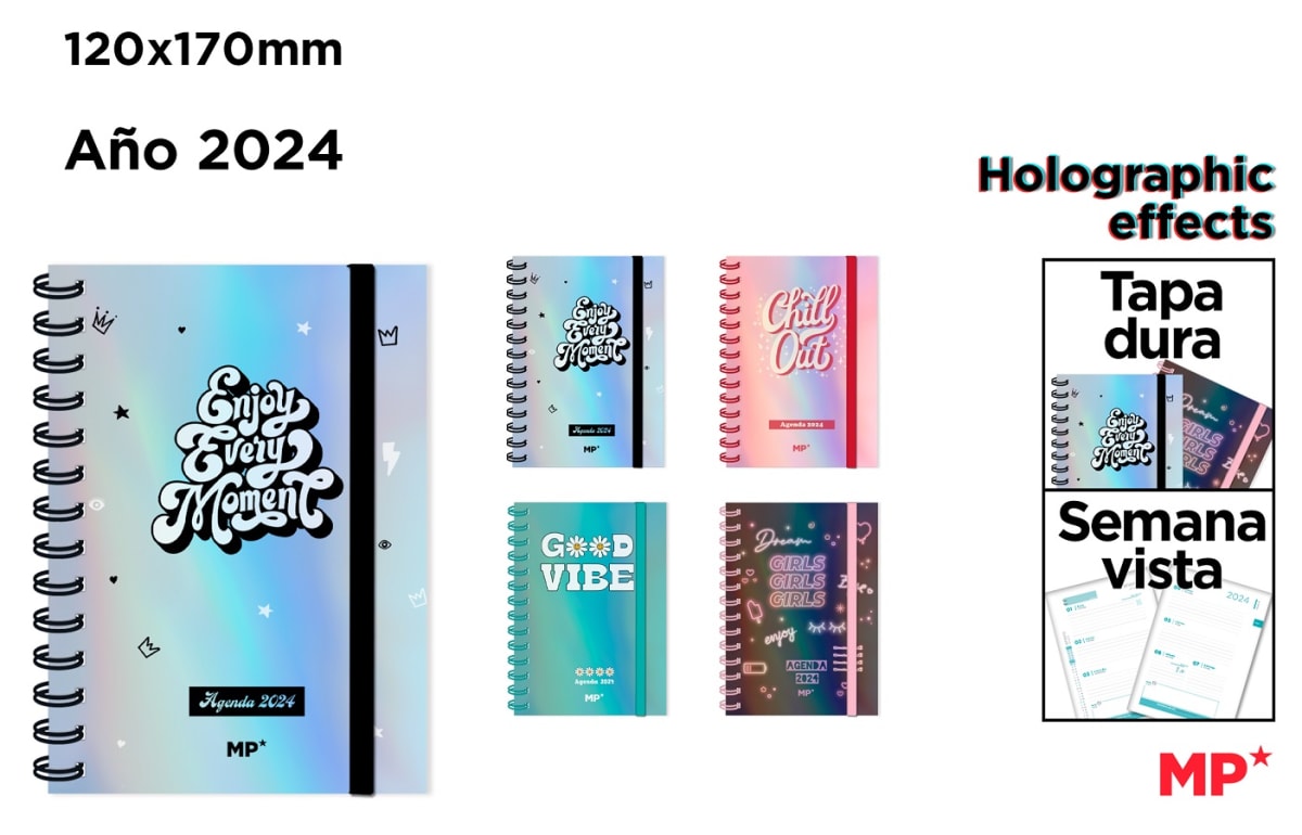 Agenda 2024 Tapa Dura con elástico Sem.Vista Efectos Holográficos 120X170Mm1