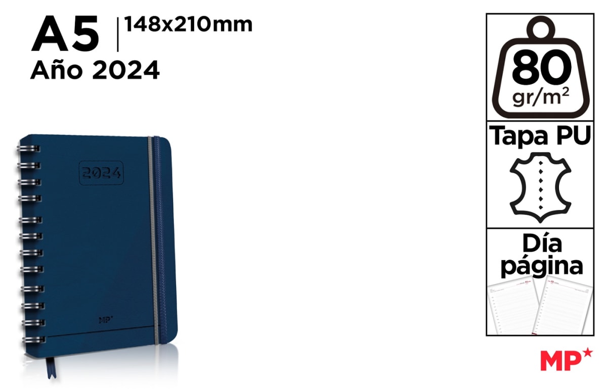Agenda 2024 Oficina Día Página Polipiel Azul A5 A1