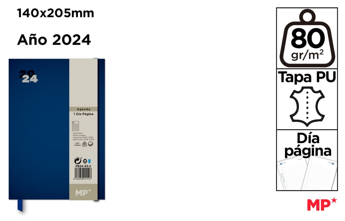 Agenda 2024 Tapa Pu Página  por dia140X205Mm Azul1