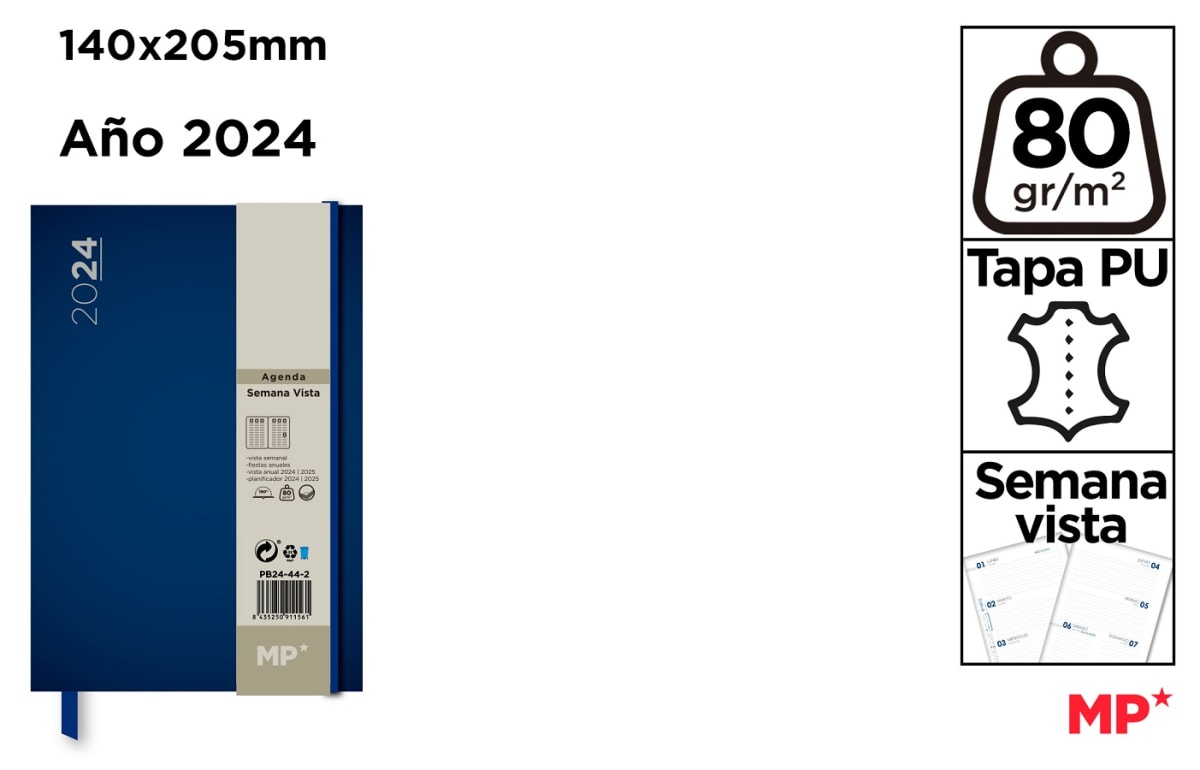 Agenda 2024 Tapa Pu Semana Vista 140X205Mm Azul2