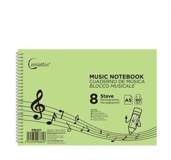 Cuaderno De Musica 8 Pentagramas A5 Marca Cervantes Color Verde (MP)1