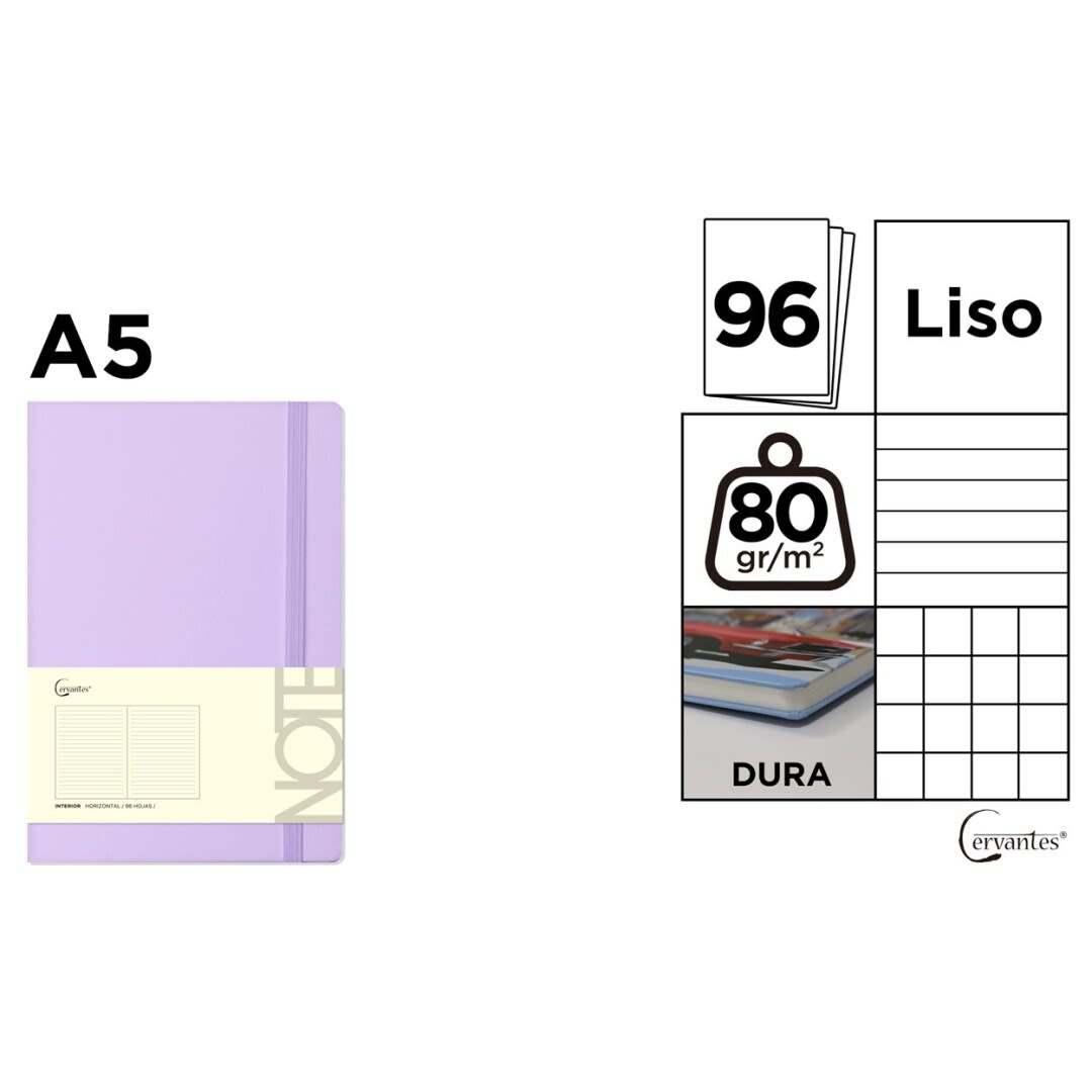 Cuaderno A5, 96hjas 80gr Marca Cervantes Color Morado Pastel2
