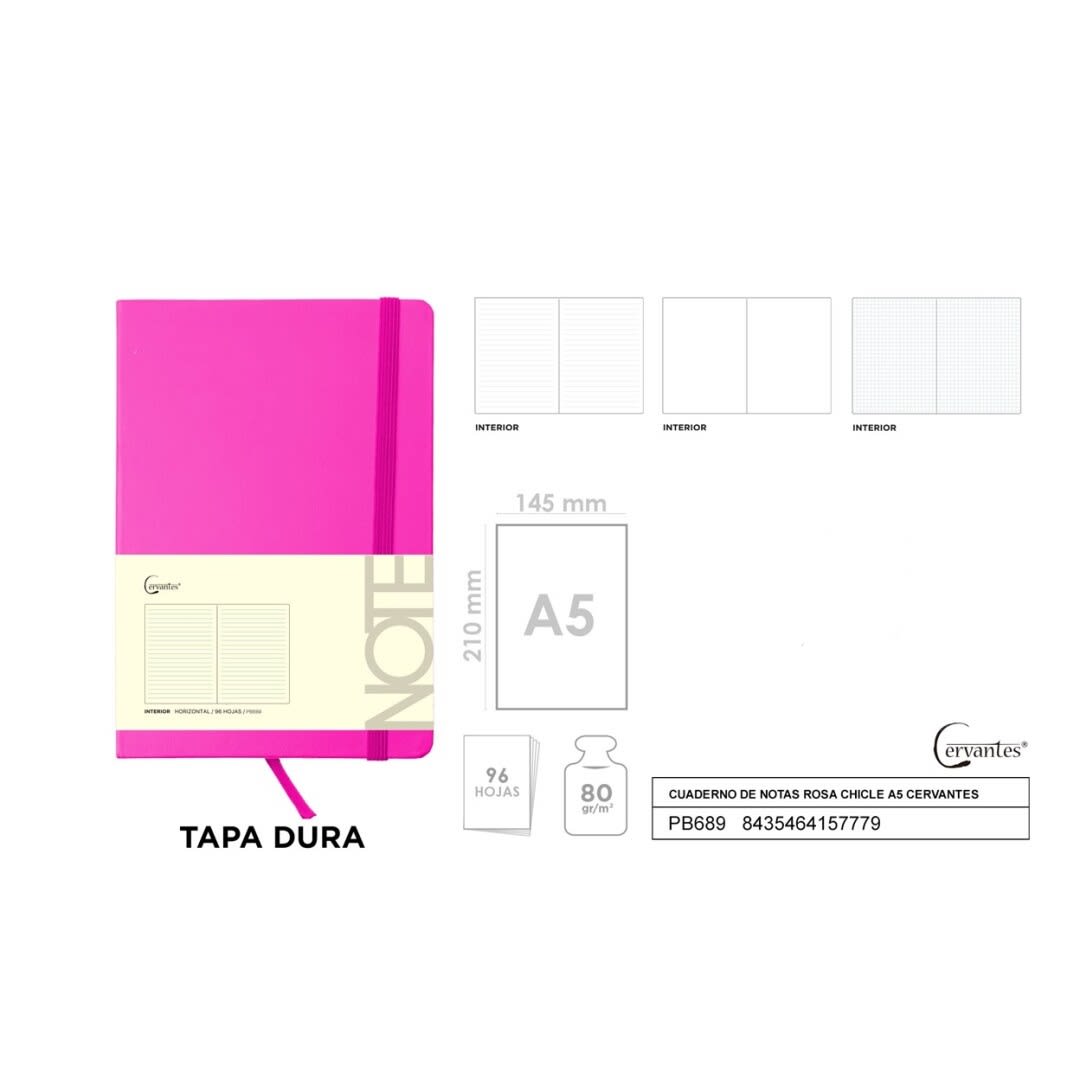 Cuaderno Tapa Dura Elástico A5 Marca Cervantes Color Rosado