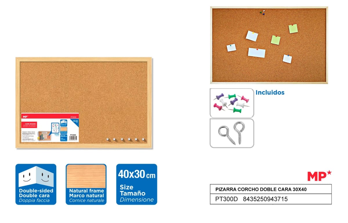 Pizarra De Corcho Doble Cara 30cmX40cm + Chinchesdo1