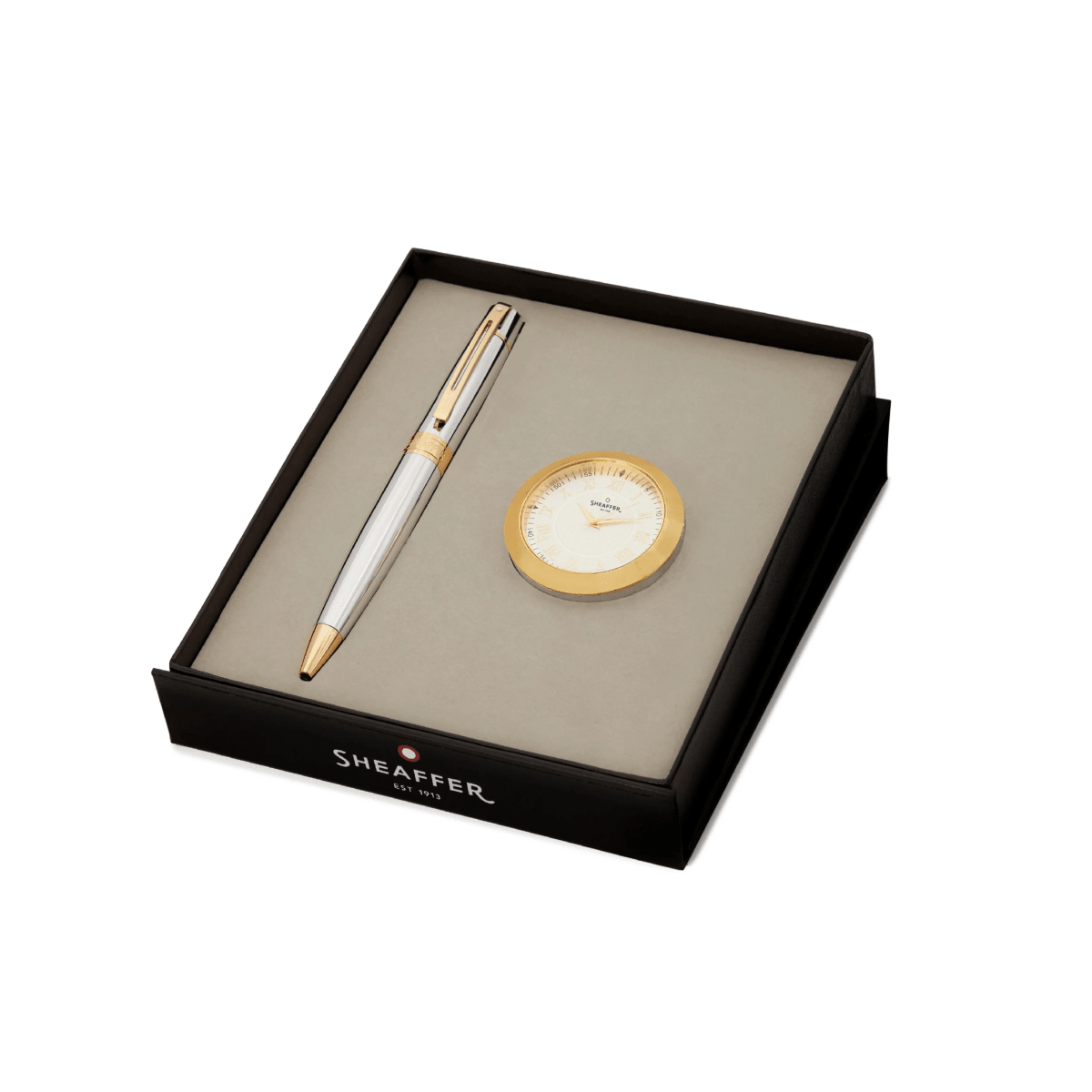 Bolígrafo Sheaffer S300 G9342 Cromo Brillante GT + Reloj de mesa chapado en Oro6