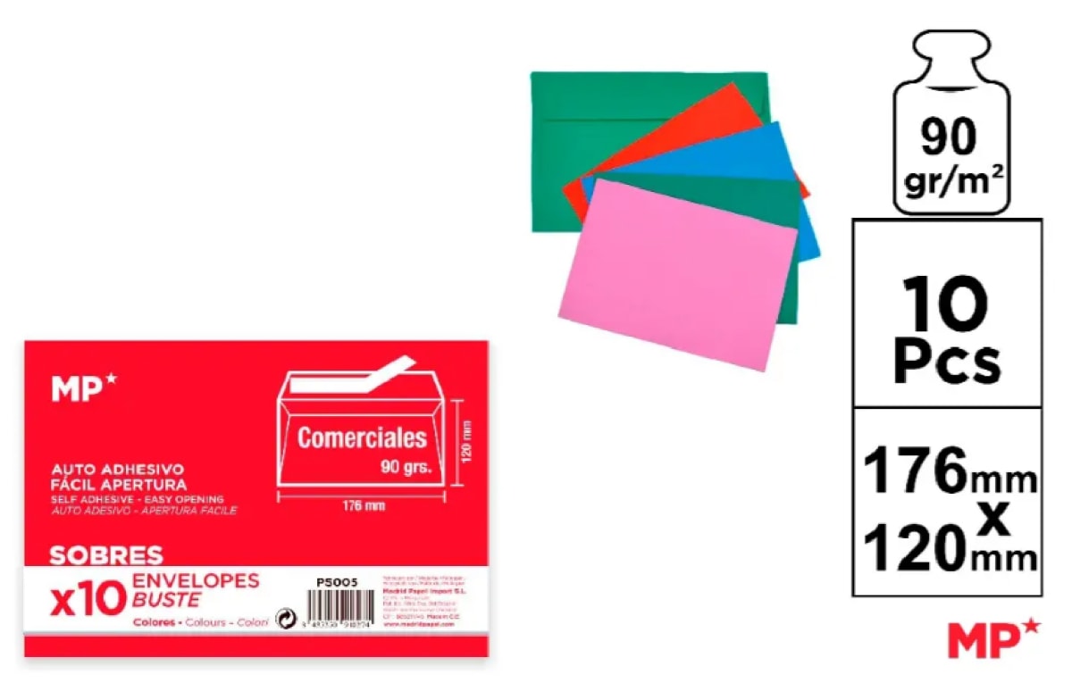 Sobre 120mmx176mm 4 Tonos Oscuros Marca Madrid Papel Color Variado (MP)1