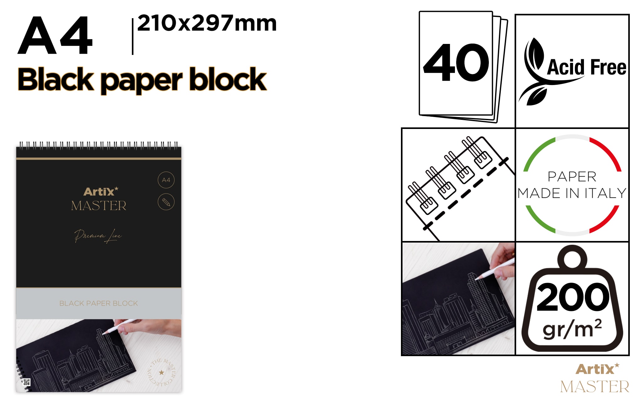 Block De Dibujo Papel Negro 200G A4 40Hojas (MP)