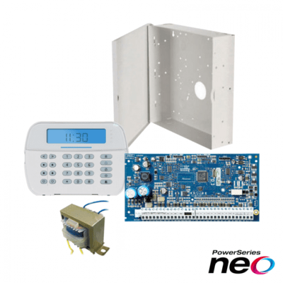 Kit de alarma marca  DSC modelo NEO HS2032,incluye teclado icono LCD HS2LCD transformador y gabinete