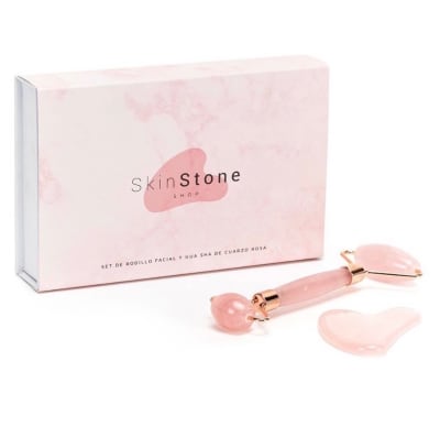 Set Cuarzo Rosado ( Rodillo + Gua Sha Cuarzo Rosado)