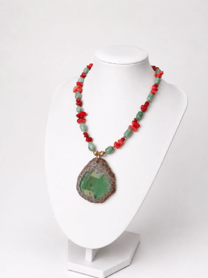 Collar agata verde y coral rojo