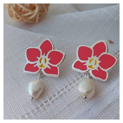 Aros orquideas fucsia con perla