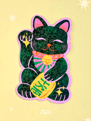 Sticker Gato Suerte Negro Holográfico1