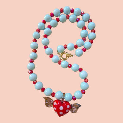 Collar celeste / rojo vidrio soplado