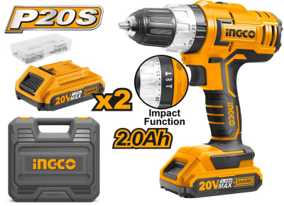 TALADRO INGCO 13MM 20V 2 BATERIAS 2HA+CARGADOR+ACCESORIOS