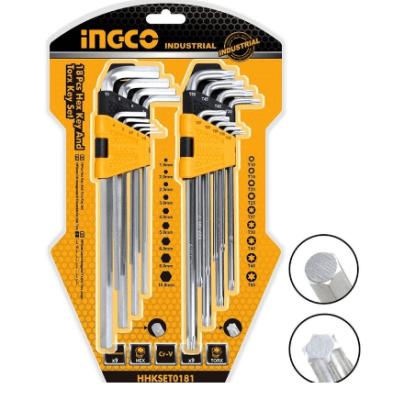 SET INGCO LLAVES ALLEN/TORX INDUSTRIAL 18PZ 1.5-10MM/T10-50