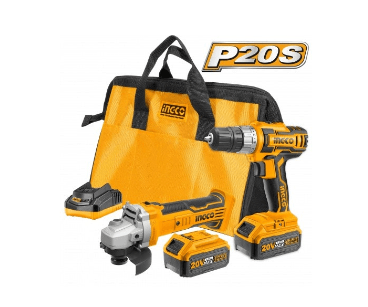 SET INGCO TALADRO+ESMERIL+2BATERIAS 4AH+CARGADOR 20V