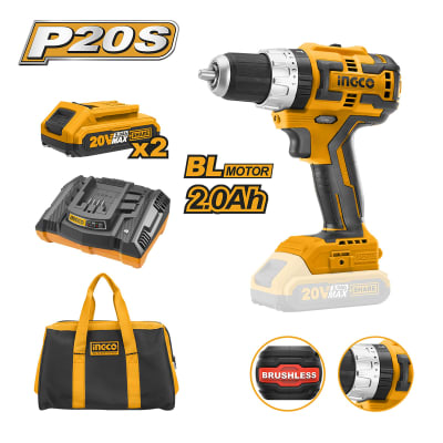 TALADRO INGCO 13MM 20V BRUSHLESS 2 BATERIAS 2AH+CARGADOR RAPIDO+ACCESORIOS