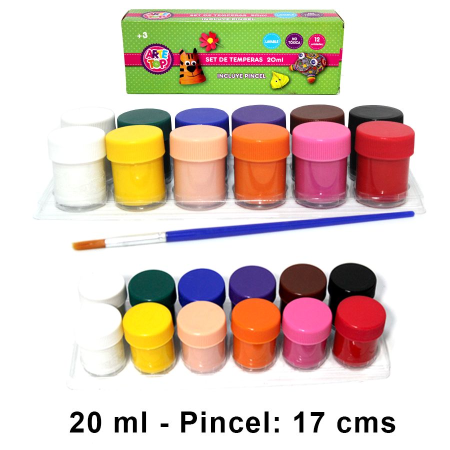 SET TEMPERA LAVABLE CON PINCEL 20ML 12COL