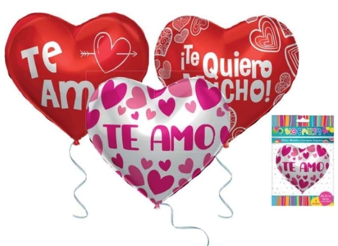 GLOBO METAL DISEÑO CORAZON IMPRESO TE AMO/TE QUIERO MUCHO