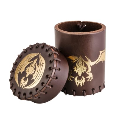 QWORKSHOP FLYING DRAGON BROWN & GOLDEN LEATHER DICE CUP