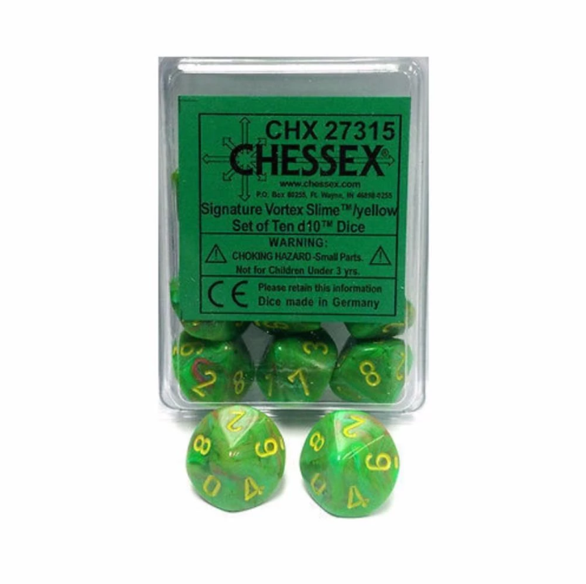 CHESSEX: SET 10 DADOS - D10: SIGNATURE VORTEX SLIME/YELLOW1